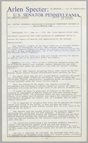 Senator Specter introduces legislation to establish independent reviewer of all VA medical care