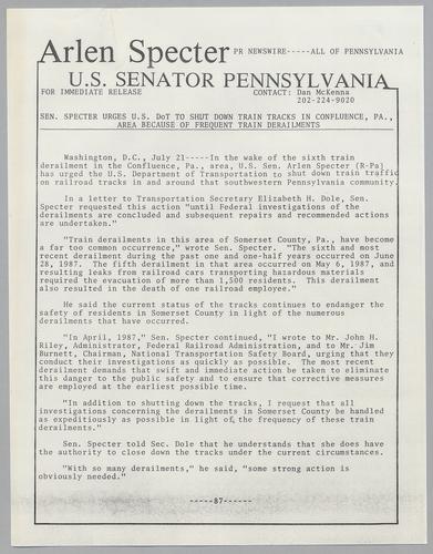 Senator Specter urges U.S. DOT to shut down train tracks in Confluence, PA, area because of frequent train derailments