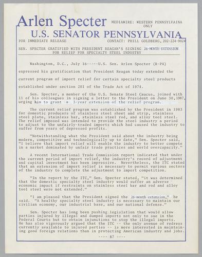 Senator Specter gratified with President Reagan's signing 26-month extension for relief for specialty steel industry