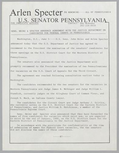 Senators Specter and Heinz announce agreement with the justice department on candidates for federal courts in Pennsylvania