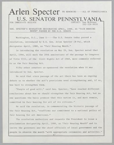 Senator Specter's resolution designating April, 1988, as "Fair Housing Month" passed by the U.S. Senate