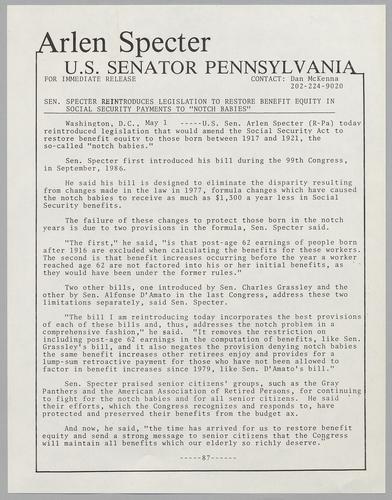 Senator Specter reintroduces legislation to restore benefit equity in Social Security payments to "notch babies,"