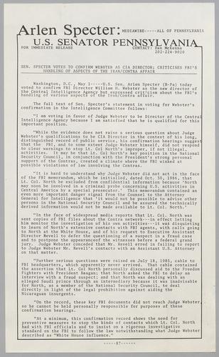 Senator Specter votes to confirm Webster as CIA Director; criticizes FBI's handling of aspects of the Iran/Contra affair