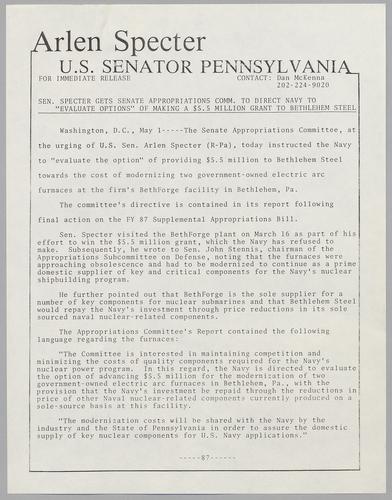 Senator Specter gets Senate Appropriations Committee to direct Navy to "evaluate options" of making a $5.5 million grant to Bethlehem Steel
