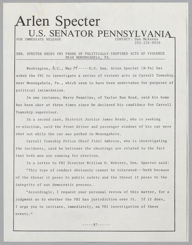 Senator Specter urges FBI probe of politically-inspired acts of violence near Monongahela, PA