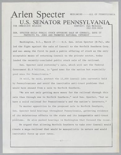 Senator Specter hails public stock offering sale of Conrail; says it protects PA jobs and promotes national interest