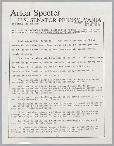 Senator Specter announces Senate hearings will be held to investigate the need to reroute trains with hazardous materials around populated areas