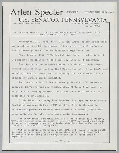 Senator Specter announces U.S. DOT to conduct safety investigation of Norristown high speed line