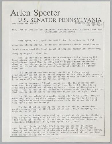 Senator Specter applauds IRS decision to suspend new regulations affecting charitable organizations