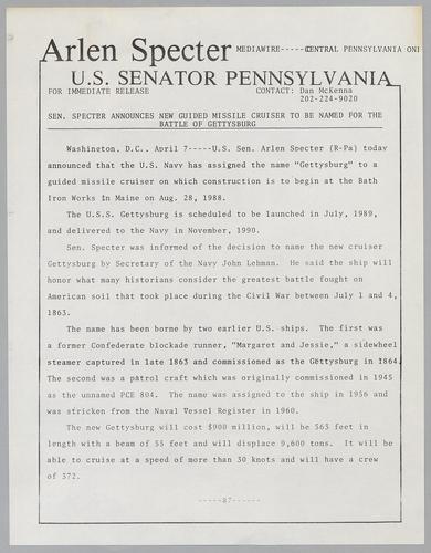 Senator Specter announces new guided missile cruiser to be named for the battle of Gettysburg