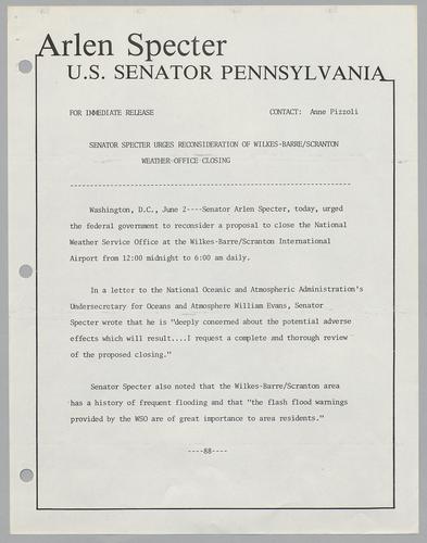 Senator Specter urges reconsideration of Wilkes-Barre/Scranton weather office closing