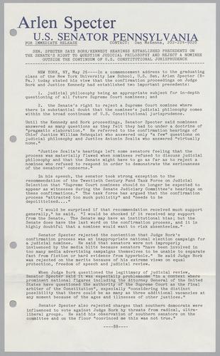 Senator Specter says Bork/Kennedy hearings established precedents on the Senate's right to question judicial philosophy and reject a nominee outside the continuum of U.S. constitutional jurisprudence