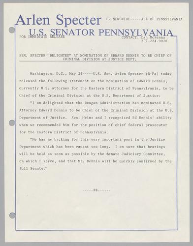 Senator Specter "delighted" at nomination of Edward Dennis to be Chief of Criminal Division at Justice Dept.