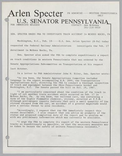 Senator Specter urges FRA to investigate train accident in McKees Rocks, PA