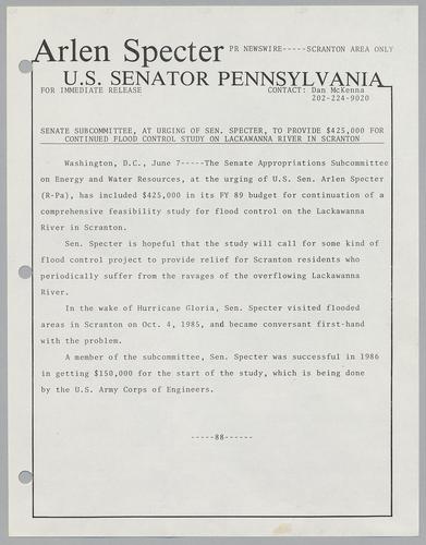 Senate subcommittee, at urging of Senator Specter, to provide $425,000 for continued flood control study on Lackawanna River in Scranton
