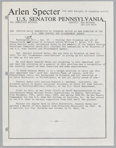 Senator Specter hails nomination of Scranton native as new director of the U.S. Arms Control and Disarmament Agency