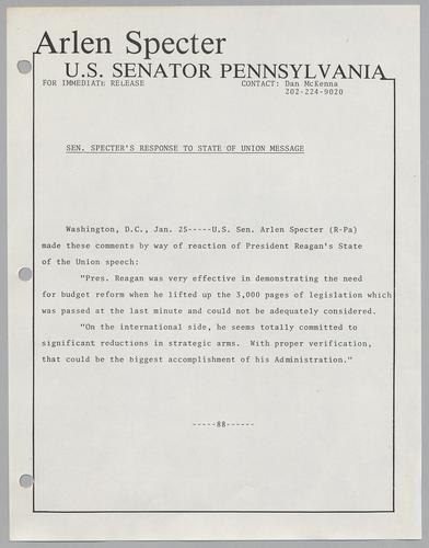 Senator Specter's response to State of the Union message