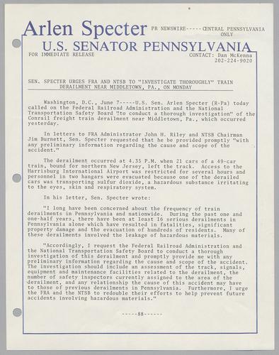 Senator Specter urges FRA and NTSB to "investigate thoroughly" train derailment near Middletown, PA, on Monday