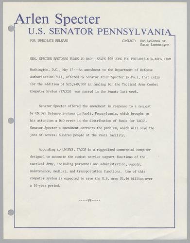 Senator Specter restores funds to DOD--saves 400 jobs for Philadelphia-area firm