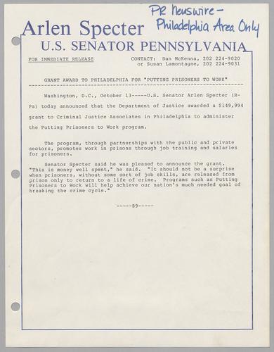 Grant award to Philadelphia for "putting prisoners to work,"