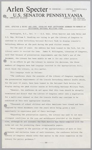 Senators Specter and Heinz and Congressman Goodling want Gettysburg Address to remain at Gettysburg National Military Park