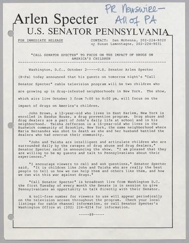 "Call Senator Specter" to focus on the impact of drugs on America's children