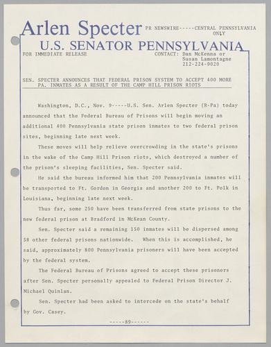 Senator Specter announces that federal prison system to accept 400 more PA inmates as a result of the Camp Hill prison riots