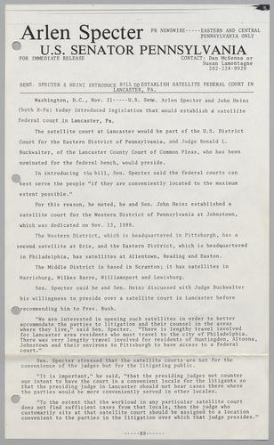 Senators Specter and Heinz introduce bill to establish satellite federal court in Lancaster, PA
