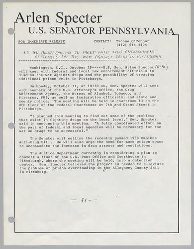 U.S. Senator Arlen Specter to meet with law enforcement officials on the war against drugs in Pittsburgh