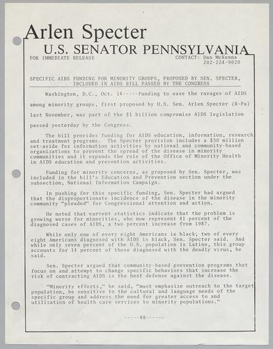 Specific AIDS funding for minority groups, proposed by Senator Specter, included in AIDS bill passed by the Congress