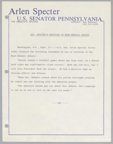 Senator Specter's reaction to Bush-Dukakis debate