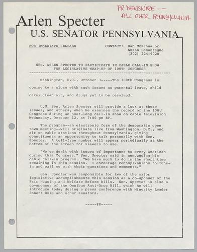 Senator Arlen Specter to participate in cable call-in show for legislative wrap-up of 100th Congress