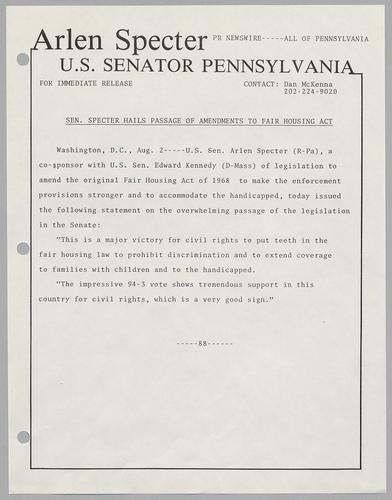 Senator Specter hails passage of amendments to Fair Housing Act