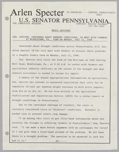 Senator Specter, concerned about drought conditions, to meet with farmers at Middletown, PA, farm on Monday, July 11, 1988