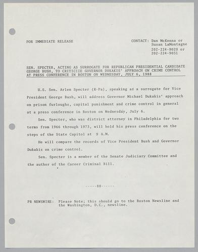 Senator Specter, acting as a surrogate for Republican Presidential candidate George Bush, to criticize Governor Dukakis' approach on crime control at press conference in Boston on Wednesday, July 6, 1988