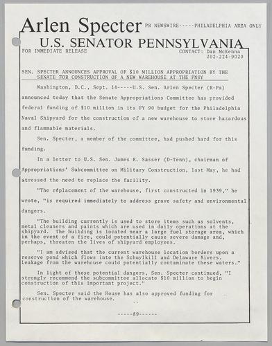 Senator Specter announces approval of $10 million appropriation by the Senate for construction of a new warehouse at the PSNY