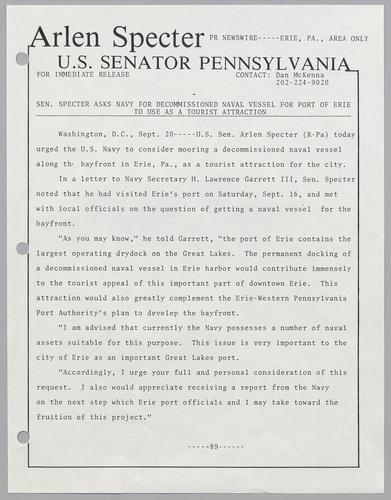 Senator Specter asks Navy for decommissioned naval vessel for port of Erie to use as a tourist attraction