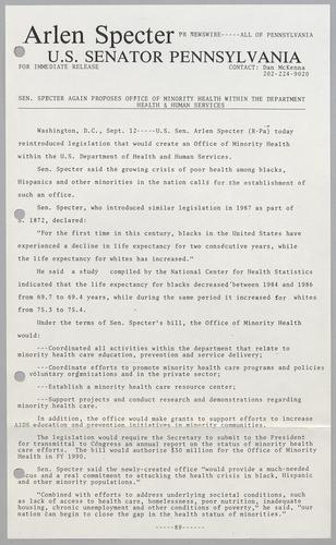 Senator Specter again proposes Office of Minority Health within the Department of Health and Human Services