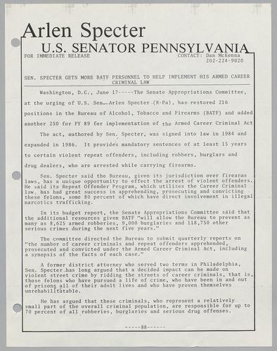 Senator Specter gets more BATF personnel to help implement his armed career criminal law