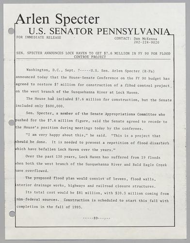 Senator Specter announces Lock Haven to get $7.6 million in fiscal year 1990 for flood control project