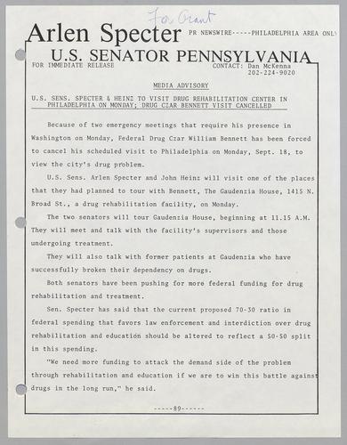 U.S. Senators Specter and Heinz to visit drug rehabilitation center in Philadelphia on Monday; Drug czar Bennett visit cancelled