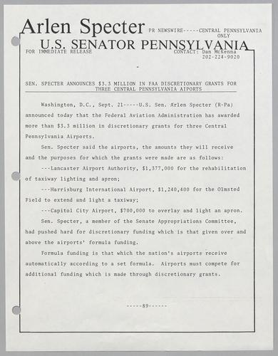 Senator Specter announces $3.3 million in FAA discretionary grants for three central Pennsylvania airports