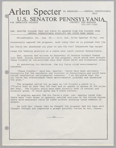 Senator Specter pleased that Air Force to abandon plan for flights over central Pennsylvania wildlife and state park areas