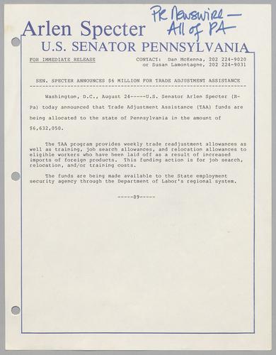 Senator Specter announces $6 million for trade adjustment assistance