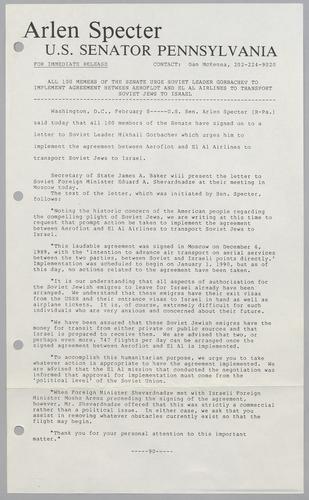 All 100 members of the Senate urge Soviet leader Gorbachev to implement agreement between Aeroflot and El Al Airlines to transport Soviet Jews to Israel