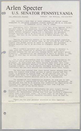 Senator Specter and more than 60 other Senators urge Soviet leader Gorbachev to implement agreement between Aeroflot and El Al Airlines to transport Soviet Jews to Israel