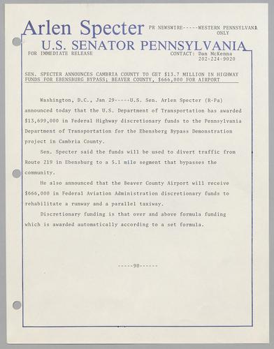 Senator Specter announces Cambria County to get $13.7 million in highway funds for Ebensburg bypass; Beaver County, $666,000 for airport