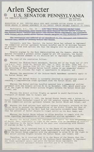 Resolution by Senator Specter would deny most favored nation status to Soviet Union unless it honors agreement to fly Soviet Jewish emigres directly to Israel