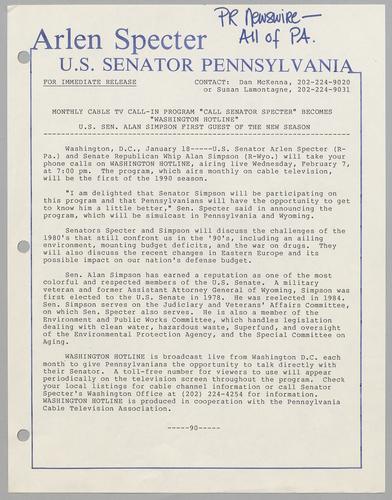 Monthly cable TV call-in program "Call Senator Specter" becomes "Washington Hotline": U.S. Senator Alan Simpson first guest of new season