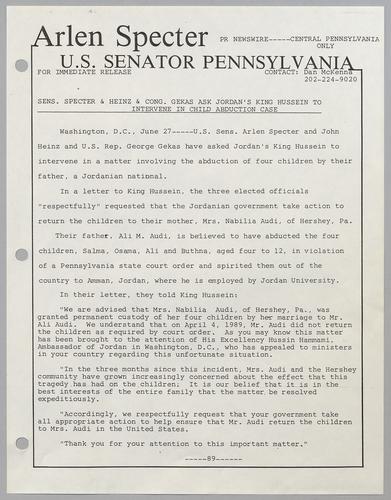 Senators Specter and Heinz, and Congressman Gekas ask Jordan's King Hussein to intervene in child abduction case